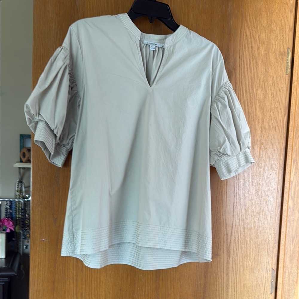 Chico's Tan Puff Sleeve Blouse with Mandarin Collar